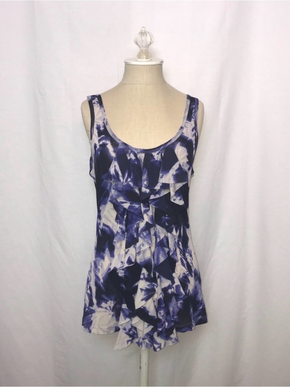 Karen Kane Purple and White Tie-Dye Ruffle Tank Top XL